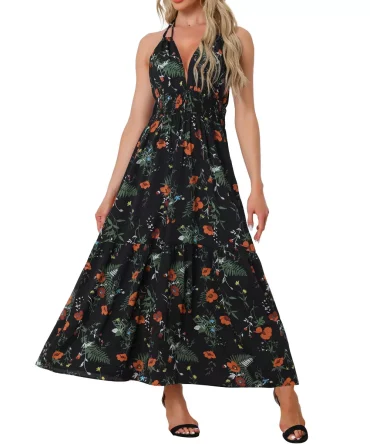 Women's Sleeveless Halter Neck Boho Elastic Waist Floral Maxi Summer Sundresses