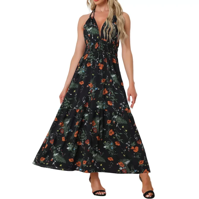 Women's Sleeveless Halter Neck Boho Elastic Waist Floral Maxi Summer Sundresses