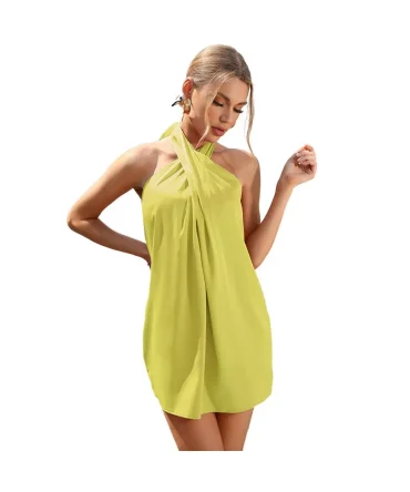 Womens Satin Halter Dress Sleeveless Tie Back Summer Dress V Neck Basic Mini Dress for Going Out, Club Dress Cocktail Dress - Yellow-Green,XL