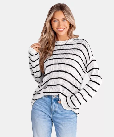 Women's Striped Round Neck Long Sleeve Knit Sweater
