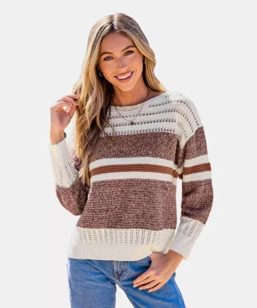 Women's Striped Round Neck Cut-Out Knit Sweater
