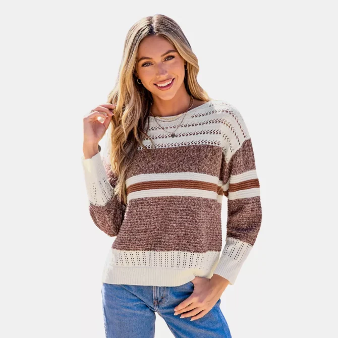 Women's Striped Round Neck Cut-Out Knit Sweater
