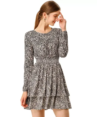Women's Leopard Print Crew Neck Smock Waist Long Sleeve Ruffle Mini Dress