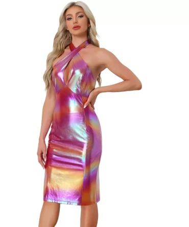 Women's Sparkly Criss Cross Halter Neck Y2K Keyhole Bodycon Midi Dresses